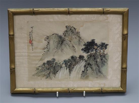 A 19th century Chinese hand painting on silk of a mountain scene, faux bamboo frame
